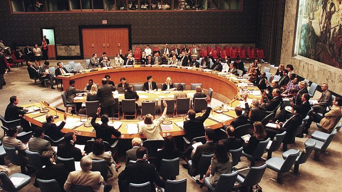 Rada bezpečnosti OSN. Možná že právo veta, jímž disponuje kterákoli  z pěti velmocí, je jedním z důvodů poválečného míru v Evropě.