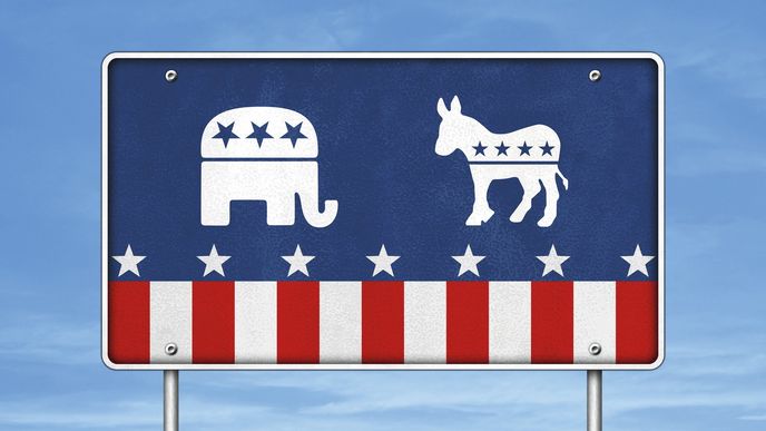Slon (symbol Republikánské strany) versus osel (symbol Demokratické strany) 