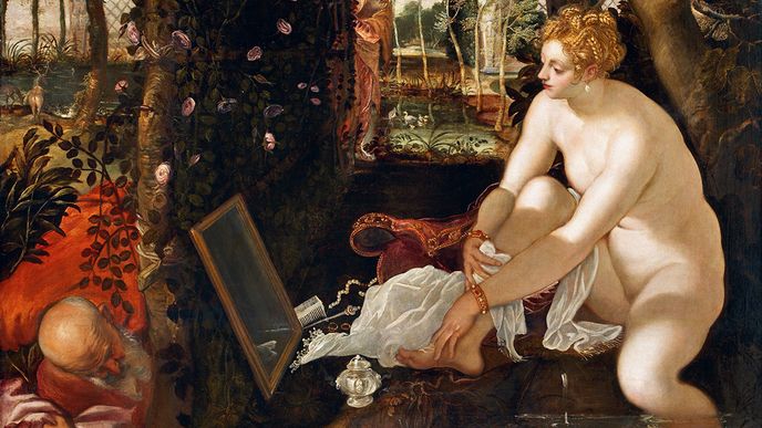 Tintoretto umístil na obraz zrcadlo, snad aby provokovalo pozorovatelovu cudnost. Jako naschvál však leží ve „špatném“ úhlu.