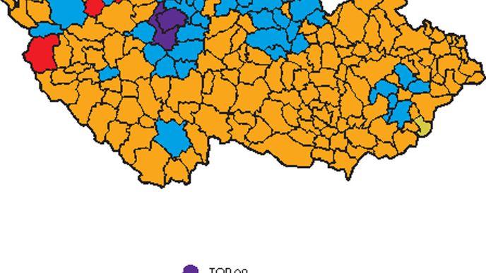 I Mapa zobrazuje vítěze parlamentních voleb v tzv. malých okresech, tedy obvodech obcí s rozšířenou působností