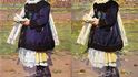 Dodnes neurčená pravost obrazů: Vlevo Joža Uprka – Žena v kožichu (1899) ve vlastnictví Západočeské galerie v Plzni, vpravo Jožo Uprka – Myjavanka (1909) ve vlastnictví Městského muzea Vodňany