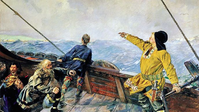 Vikingové plují do Ameriky. Obraz od Christiana Krohga z roku 1893.