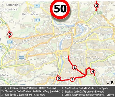 Pražské úseky na kterých byla kvůli hluku snížena rychlost ze 70 na 50 km/h.