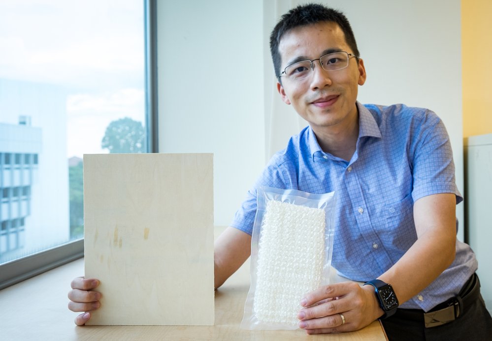 Profesor Wang Yifan z univerzity NTU Singapore porovnává vyztuženou strukturu v levé ruce s kusem dřeva v pravé.