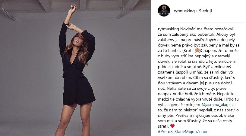 Rytmusovo veřejné vyznání Jasmině na Instagramu