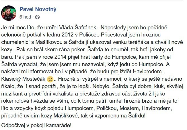 Celebrity vzpomínají na Vláďu Šafránka, který ve  46 letech podlehl nemoci.