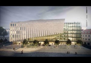 Budova Janáčkova kulturního centra v Brně bude z velké části prosklená, ale zároveň i masivní a uzavřená.