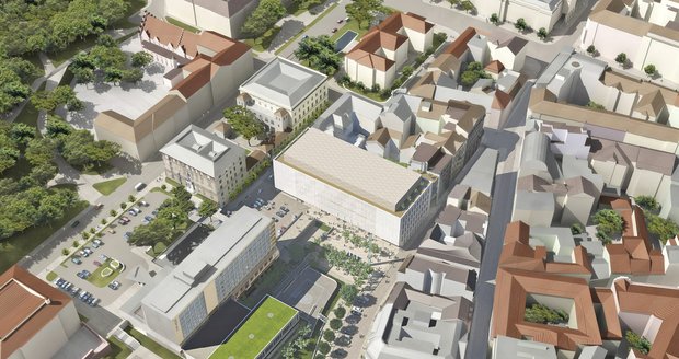 Vítězný architektonický návrh Sálu pro Brno (uprostřed) na rohu Veselé a Besední ulice. Vnitřní podoba budovy ještě není známa, probíhá výběrové řízení