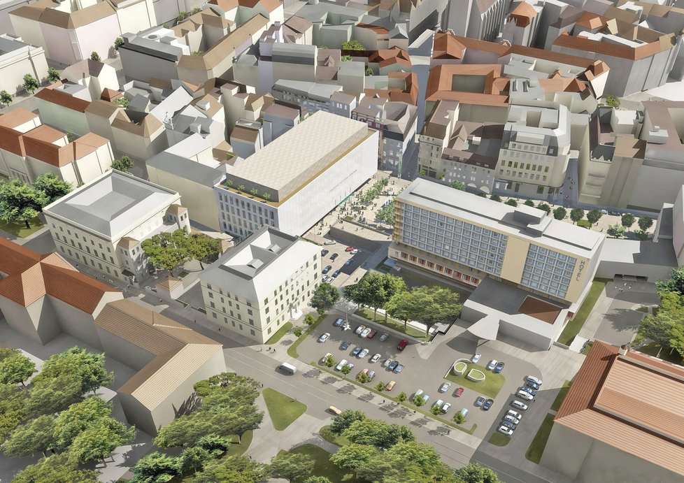 Vítězný architektonický návrh Sálu pro Brno (uprostřed) na rohu Veselé a Besední ulice. Vnitřní podoba budovy ještě není známa, probíhá výběrové řízení.