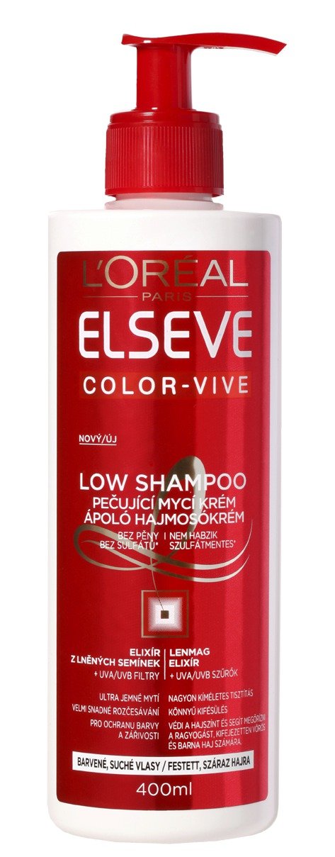 Šampon, které spojuje mytí i péči v jednom bez obsahu sulfátů: Pečující mycí krém Elseve Color-Vive Low Shampoo, 159,90 Kč