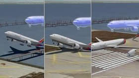 Modré letadlo na videu znázorňuje správnou dráhu letu při přistávacím manévru.