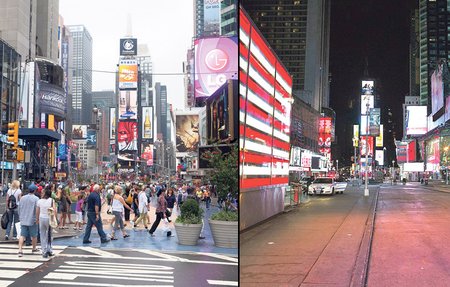 Před evakuací a po evakuaci: Na jiny rušné Times Square bylo kvůli superbouři Sandy nezvykle pusto