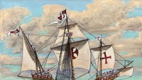 Dobová malba lodě Santa Maria, se kterou Kryštof Kolumbus objevil Ameriku