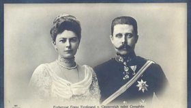 Dobová podobenka Františka Ferdinanda a jeho manželky, hraběnky Žofie Šotkové