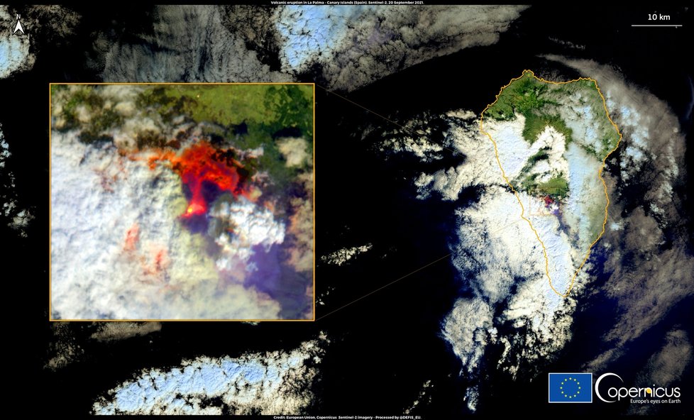 Láva zachycená 20. září satelitem Sentinel-2.