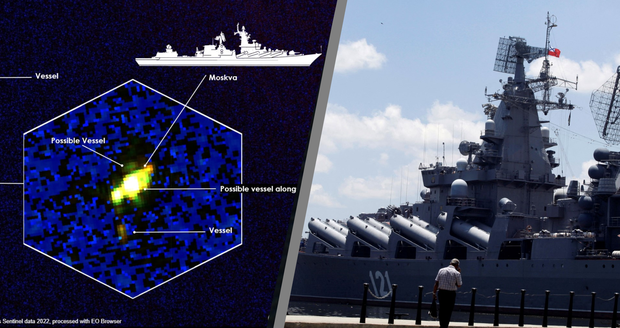 Důkaz o zkáze Putinovy lodní chlouby: Hořící křižník Moskva na satelitních snímcích