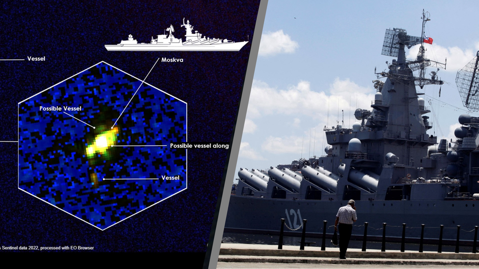 Britské námořnictvo zachytilo hořící křižník Moskva na satelitních snímcích.