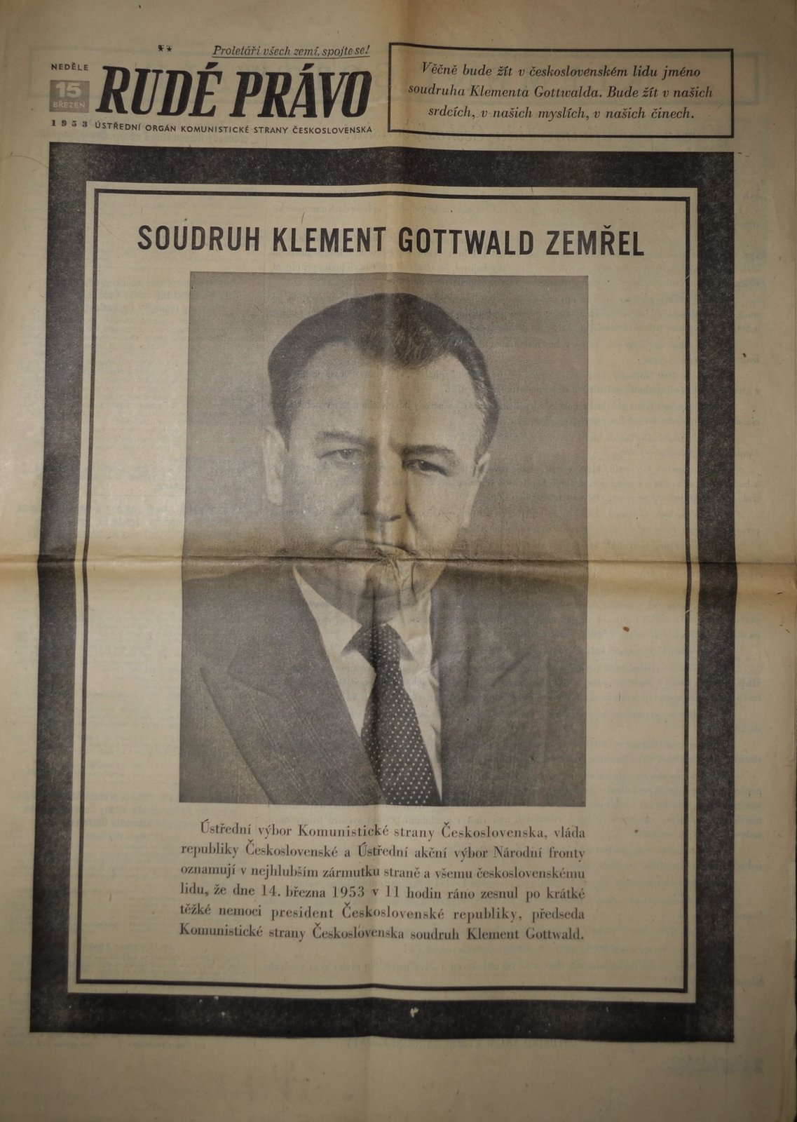 Rudé právo z 15. března 1953 informuje o smrti Klementa Gottwalda.