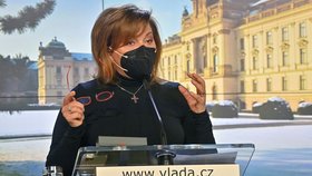 Ministryně financí Alena Schillerová (za ANO) na tiskové konferenci po jednání vlády (14.2.2021)