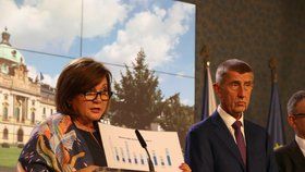 Ministryně financí Alena Schillerová představuje po jednání vlády o rozpočtu tabulky