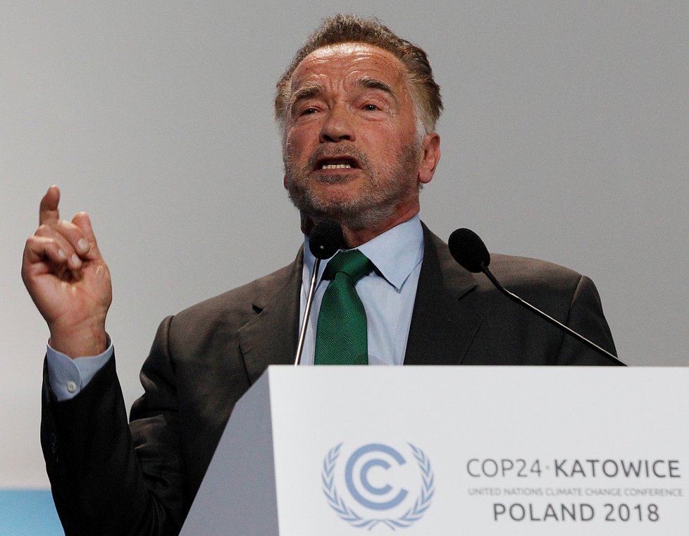 Arnold Schwarzenegger na konferenci o klimatických změnách v Polsku (3. 12. 2018)