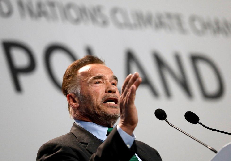 Arnold Schwarzenegger na konferenci o klimatických změnách v Polsku (3. 12. 2018)