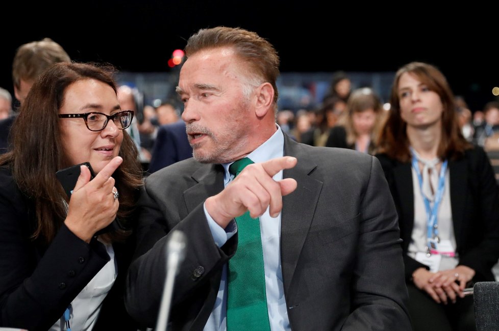 Arnold Schwarzenegger na konferenci o klimatických změnách v Polsku (3. 12. 2018)