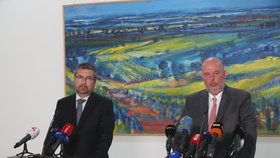 Generální ředitel Státního zemědělského intervenčního fondu Martin Šebestyán (vlevo) a ministr zemědělství Miroslav Toman (ČSSD) na tiskové konferenci k auditu EU (6. 6. 2019)