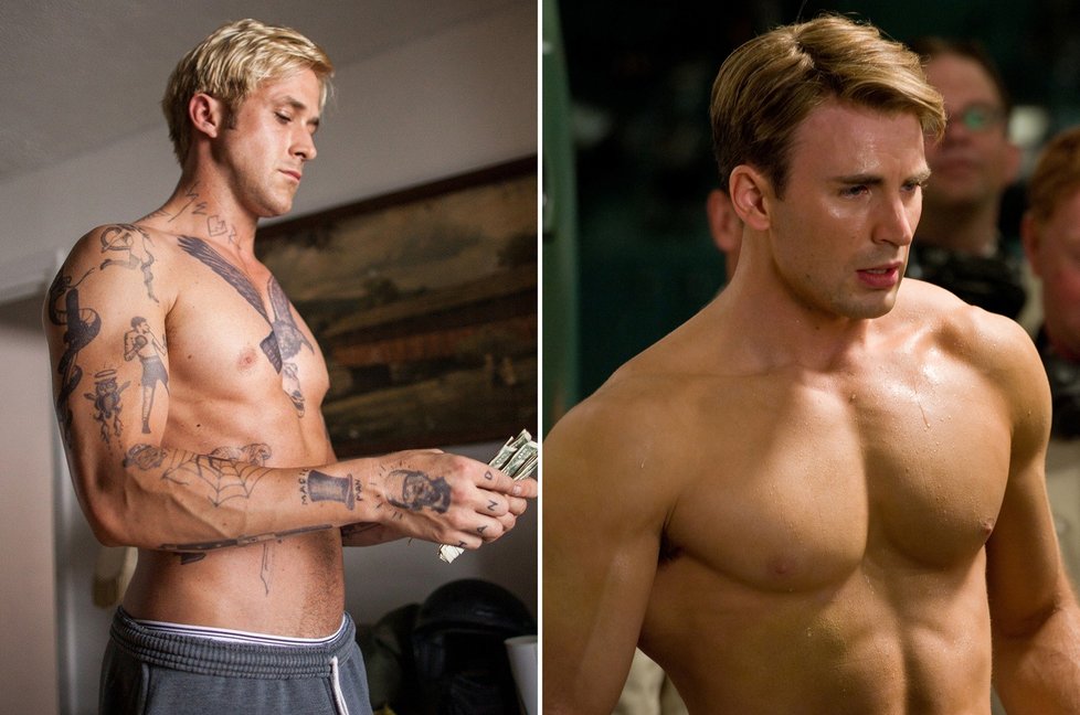 Ryan Gosling předvedl svou muskulaturu třeba ve filmech Za borovicovým hájem (2012) či Bláznivá, zatracená láska (2011), Chris Evans pak i jako první Avenger Kapitán Amerika (2011).