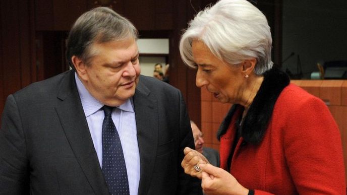 Šéfka MMF Christine Lagardeová a řecký ministr financí Evangelos Venizolos.