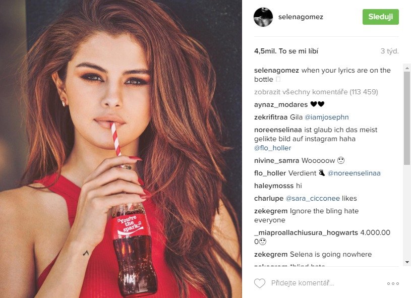 Nyní už druhá nejlajkovanější fotka Instagramu všech dob - Selena Gomez