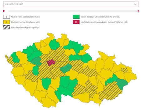 Tzv. semaforem se má od pondělí řídit uzavření středních škol. Ještě ve čtvrtek v něm ale ministerstvo zdravotnictví uvádělo data starší než týden (1. 10. 2020).