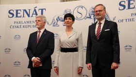 Setkání v Senátu: Prezident Petr Pavel, předsedkyně Sněmovny Markéta Pekarová Adamová (TOP09) a premiér Petr Fiala (ODS) (1.2.2023)