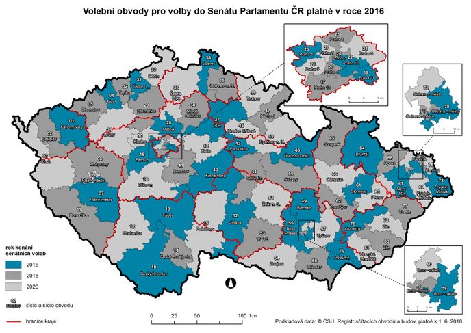 Mapa senátních obvodů. Různé barvy ukazují, v jakých obvodech se volí v jakém roce