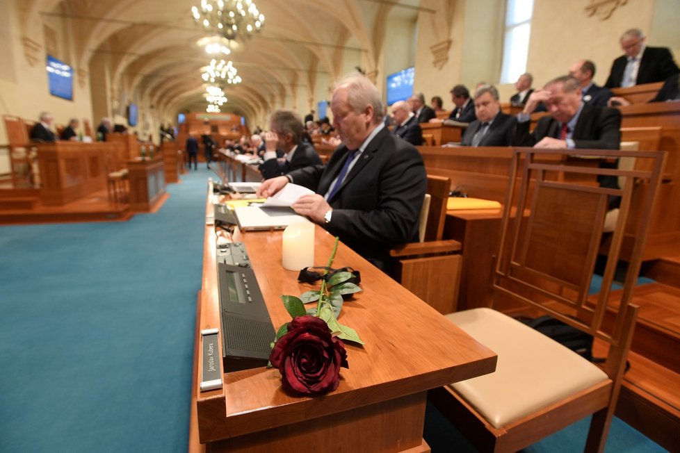 Rudá růže leží na stole zesnulého předsedy Senátu Jaroslava Kubery na snímku pořízeném na schůzi horní komory (29. 1. 2020)