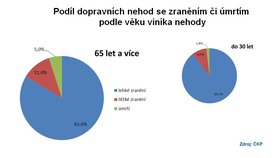 Graf ukazuje, kolik nehod způsobených seniory je vážných a kolik je jen s lehkým zraněním. Vedlejší graf ukazuje stejné informace, akorát u řidičů do 30 let. Riziko smrtelné nehody je u mladších řidičů menší.