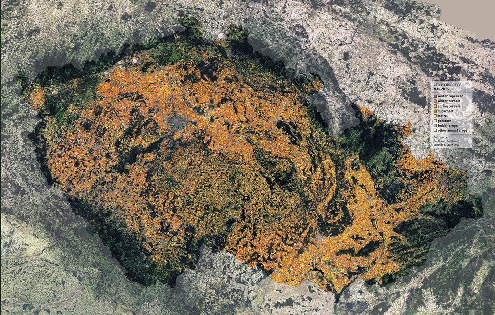 Fotografie Česka složená z mnoha snímků pořízených satelity Sentinel
