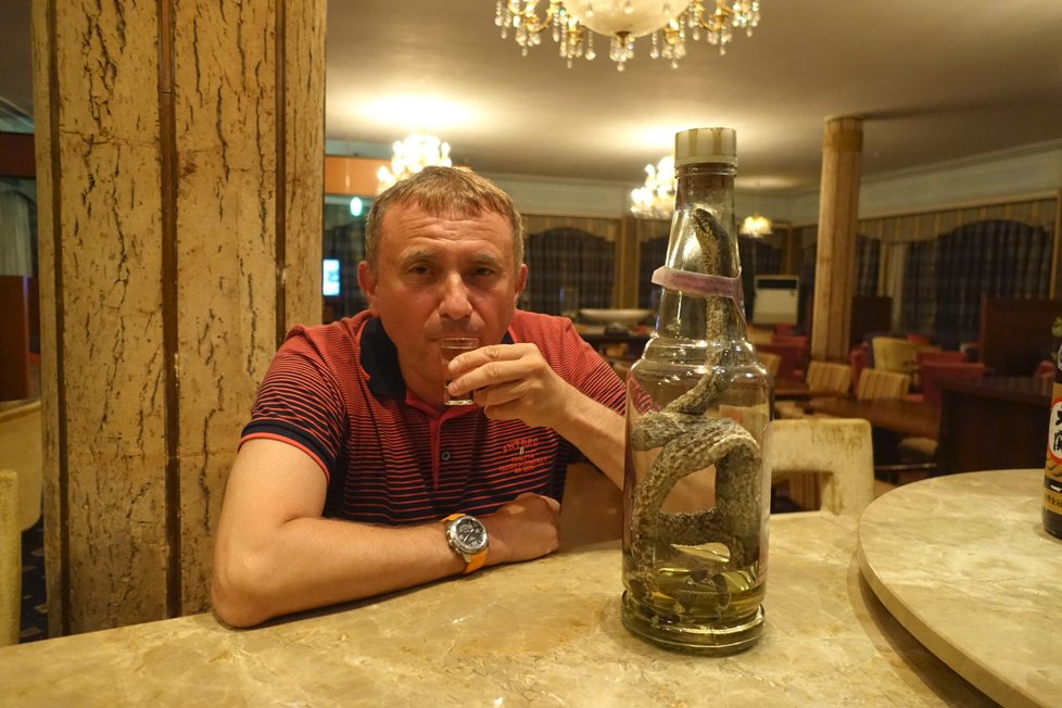 Karel Starý pije likér s hadem v hotelu v Severní Koreji. Odejít z hotelu sám nelze.