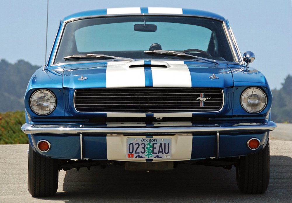 Shelby Mustangy GT 350 se daly také pořídit s opačným barevným provedením: s modrou karoserií a bílými pruhy.