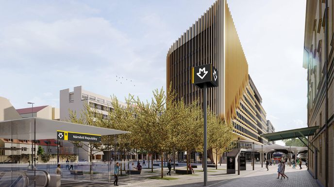 Vizualizace vítězného návrhu před novou budovou Masaryčky od Zaha Hadid Architects