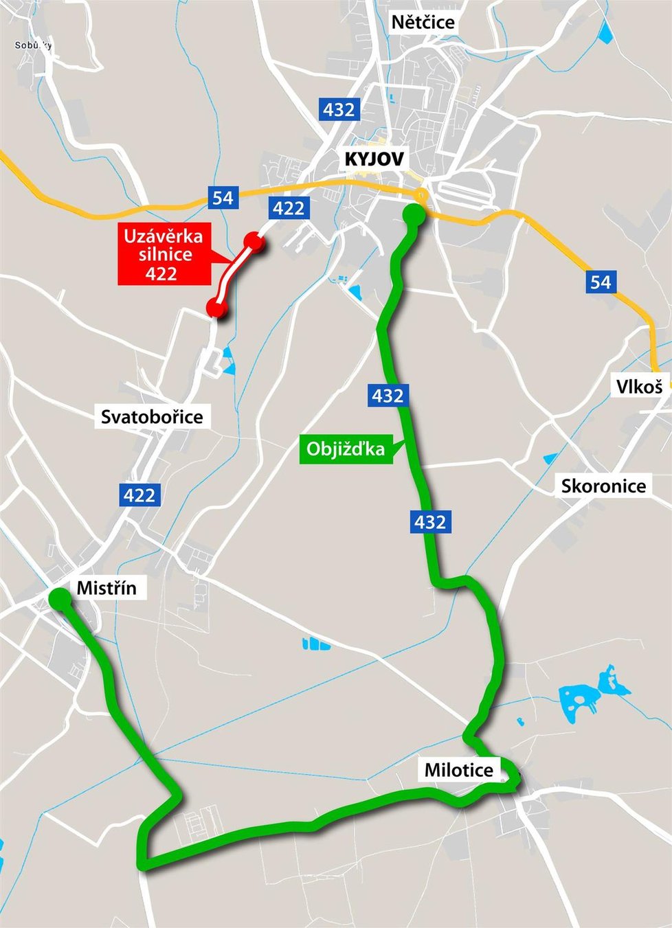 Červeně je označen uzavřený úsek, zeleně objízdná trasa.