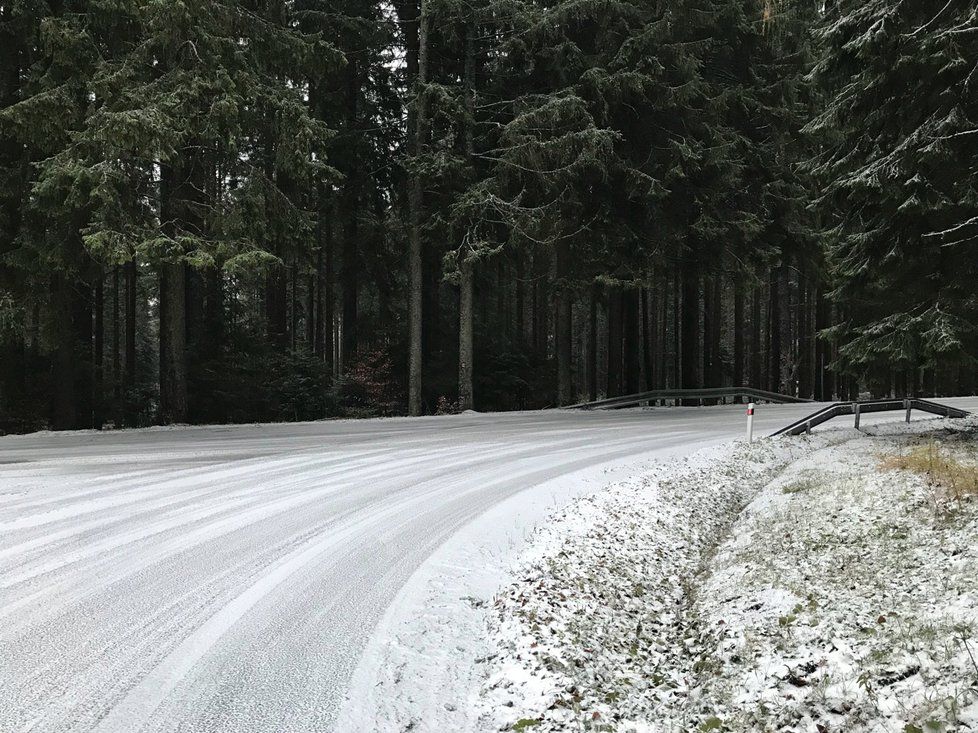 Sníh napadl na silnicích i na Šumavě.