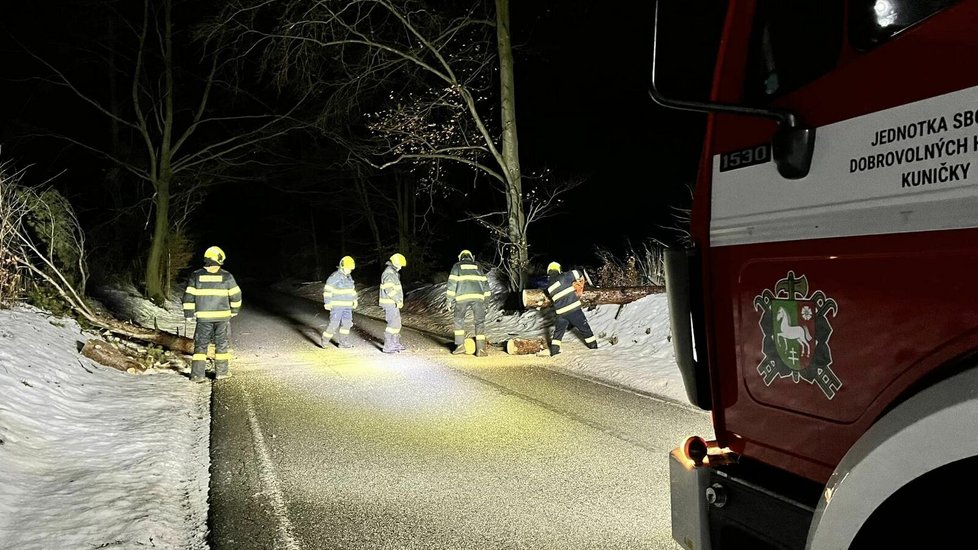 Přes 100 výjezdů napočítali do sobotního rána kvůli silnému větru jihomoravští hasiči. Strom ze silnice odstraňovali v noci i dobrovolní hasiči z Kuniček.