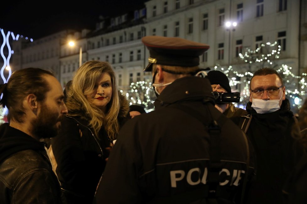 Na Václavském náměstí se kolem sedmé hodiny sešla asi osmdesátka demonstrantů proti vládním opatřením.