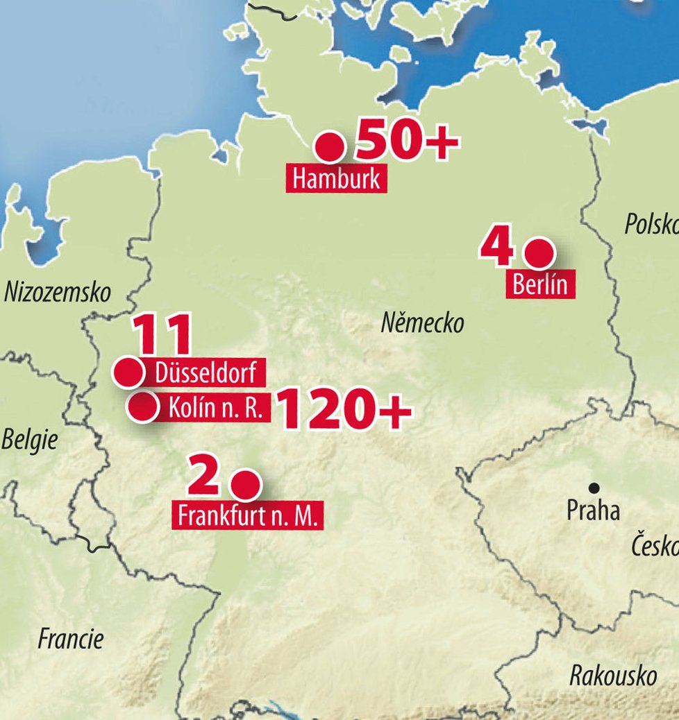 Mapa sexuálních útoků na ženy v Německu kolem Silvestra 2015.