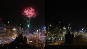 Václavské náměstí v Praze během loňských a letošních Silvestrovských oslav
