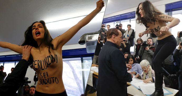 Po Zemanovi a Putinovi i Berlusconi: „Sextremistka“ Femen před ním u voleb vyskočila na stůl