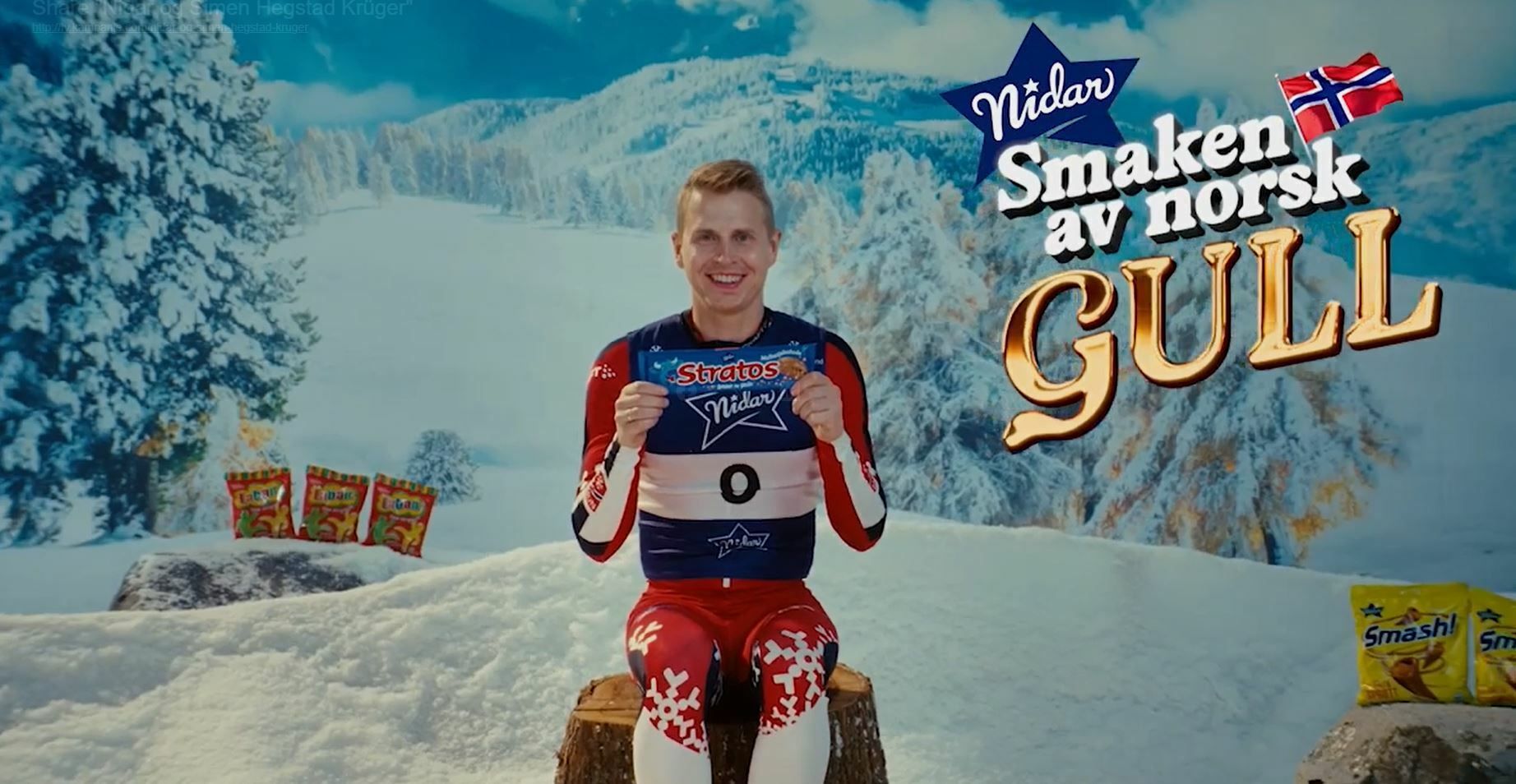 Lyžař Simen Krueger v reklamě na sladkosti značky Nidar Lyžař Simen Krueger v reklamě na sladkosti značky Nidar