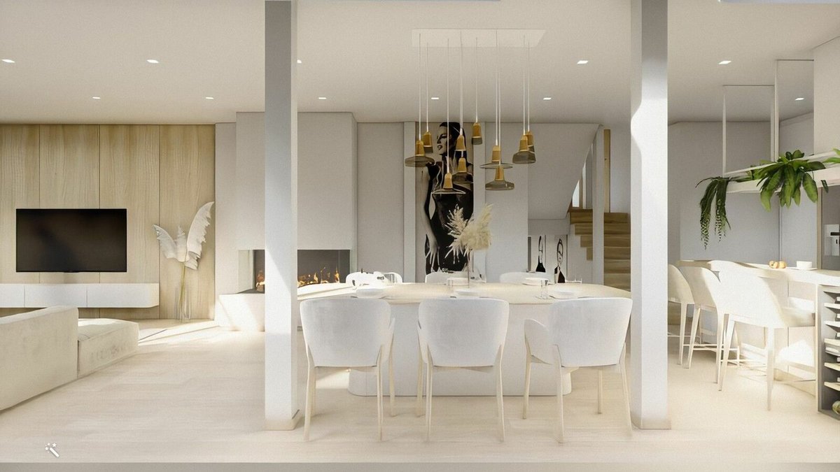 Budoucí obývací pokoj s kuchyní i jídelnou je laděn do světlých barev.
