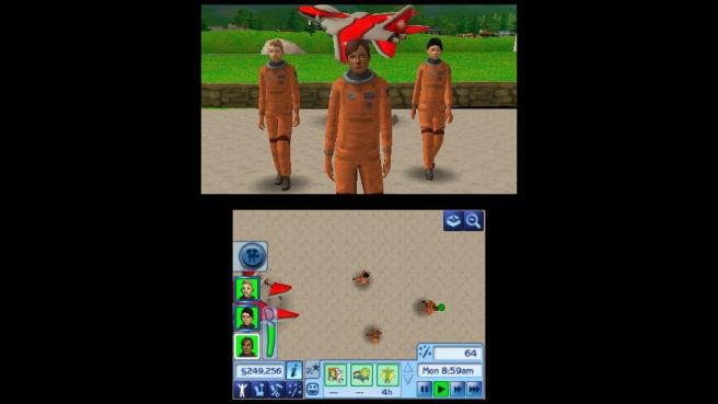 Screenshot ze Sims 3 pro Nintendo 3DS - skládá se z 3D obrazu (nahoře) a 2D dotykového displeje pro ovládání